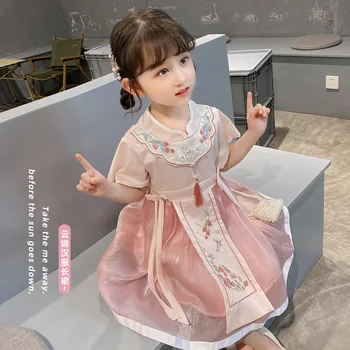 2022 Лето Милый и милый древний костюм Платье Ханьфу Лето Розовая юбка с короткими рукавами Дышащая юбка для девочек Hanfu