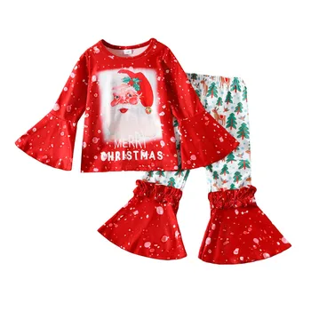 Caoirhny Kid Girls Брюки Набор Футболка с длинным рукавом Санта-Клаус Принт Футболка с расклешенными брюками с принтом дерева Рождественский наряд