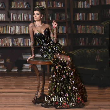 Cathy Luxury فساتين السهرة Цветочное платье для выпускного вечера 2023 Сексуальные черные платья для вечеринок с длинным рукавом Princess Vestidos De Noche