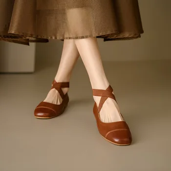 Phoentin мягкие балетные туфли в стиле ретро 2023 женские кросс-завязки на низком каблуке элегантные уютные повседневные туфли больших размеров 43 на плоской подошве коричневый FT2728