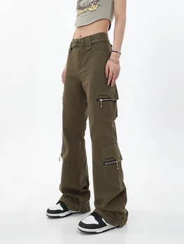 Y2k Армейские зеленые брюки-карго Вязаные брюки с рюшами Женские мешковатые брюки в стиле ретро с низкой талией Карманы Спортивные штаны Harajuku Joggers 2022