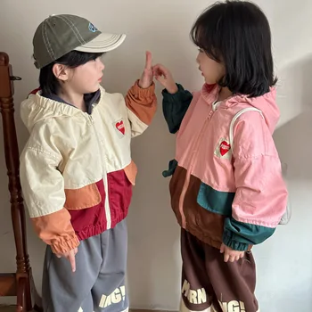 Весна Осень 2024 Детская куртка для девочек Хлопок Контрастная молния Карман с капюшоном Пальто для девочек Дети Верхняя одежда для девочек