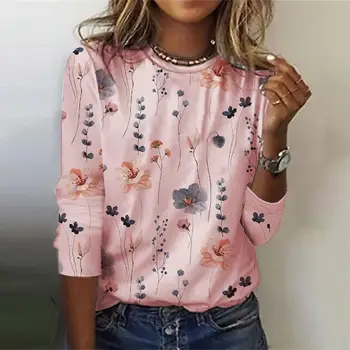 Женская легкая футболка с цветочным принтом Женская блузка свободного кроя с о-образным вырезом и длинным рукавом Тонкие дышащие уличные топы для весны