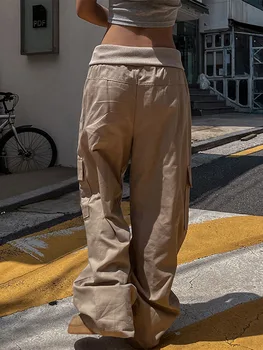  Женские мешковатые брюки-карго складываются через талию Однотонные брюки-парашютисты Повседневные брюки