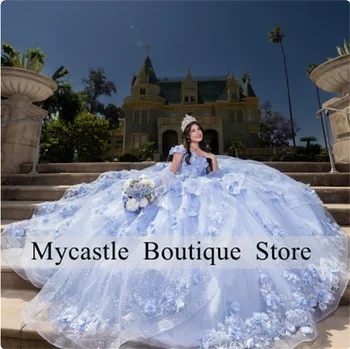 Синее кружево с плечами Quinceanera Платье Бальное платье 2023 Аппликации из бисера Кристалл 3D Цветок Принцесса Сладкий 16 Платье Vestidos