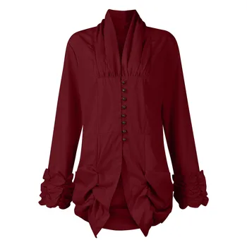Средневековая ретро-рубашка Сексуальная готическая женская винтажная рубашка со смокингом Однотонный темперамент с V-образным вырезом и пряжкой Топ с длинными рукавами