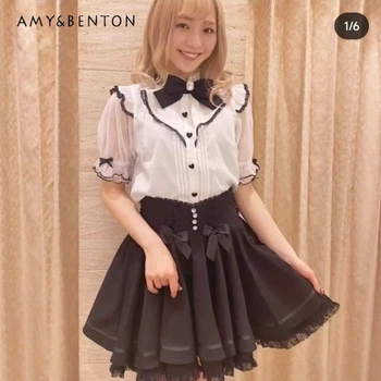 Японская мини-юбка Милая милая горный хрусталь кружева с бантом плиссированная юбка с высокой талией тонкая всематчевая черная юбка для девочек
